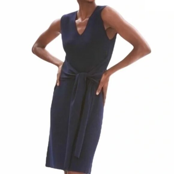 MM Lafleur Sweater Dress Chell Navy Blue Melange Sleeveless‎ Knit Midi Tie Waist - Picture 2 of 9
